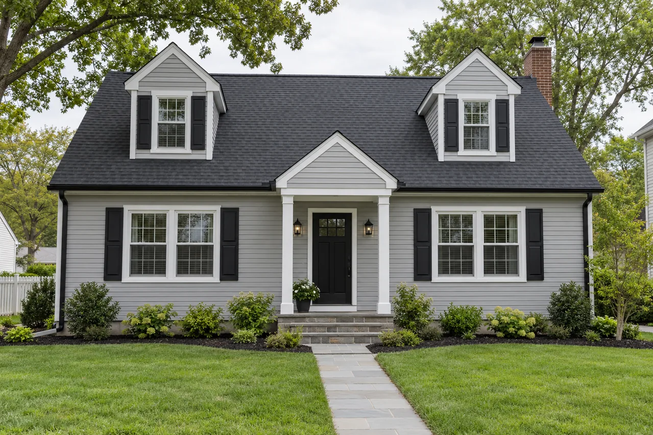 Cape Cod with new light gray vinyl siding