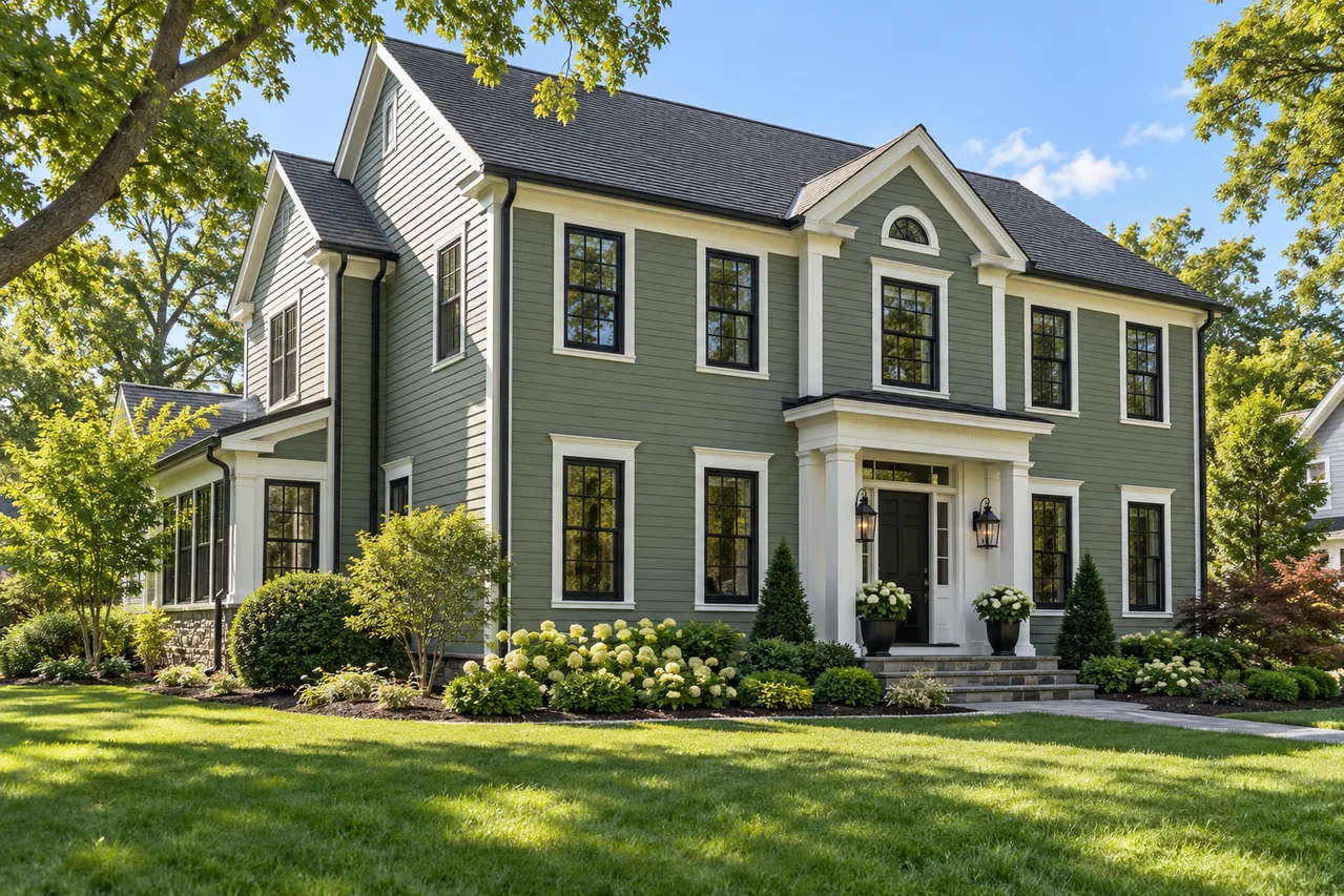 Colonial with new sage green fiber cement siding